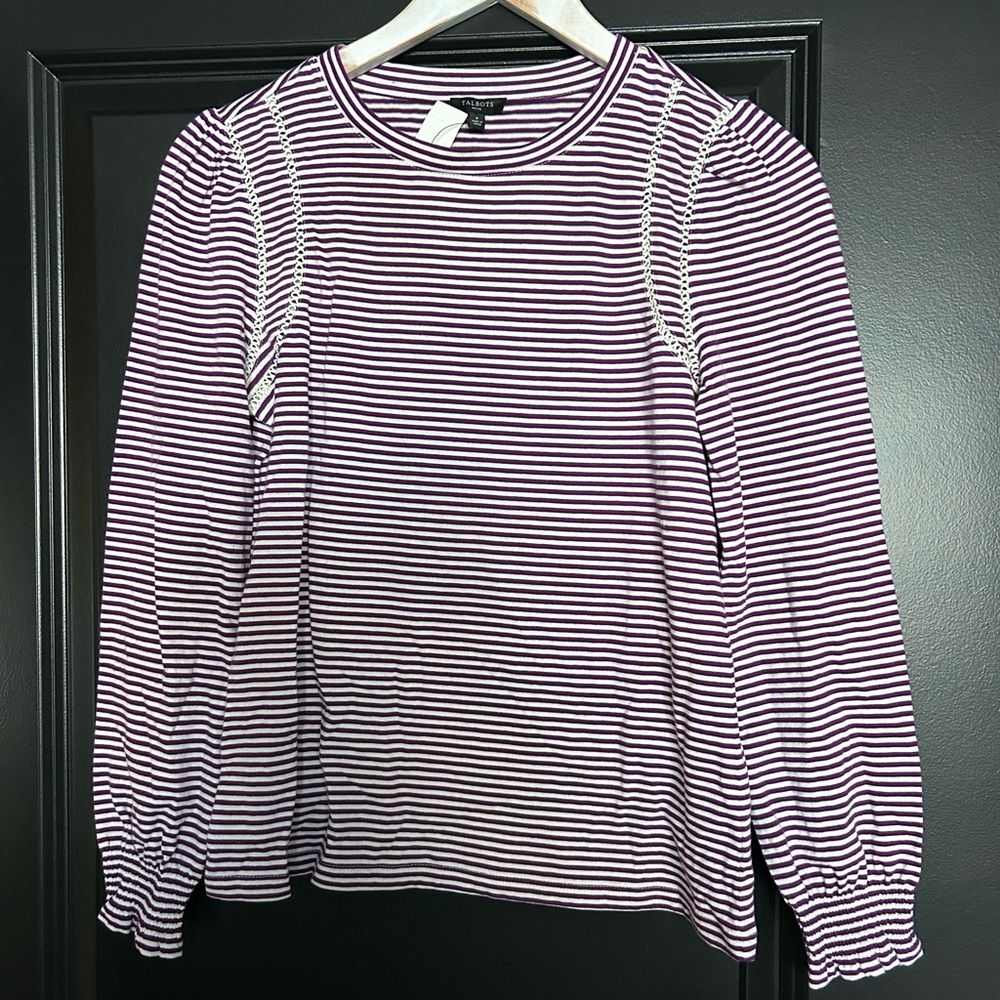 TALBOTS LATTICE TRIM CREWNECK STRIPED TEE PETITE NWT